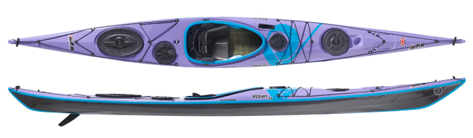 P&H Volan composite sea kayak in violet over carbon with turquoise details