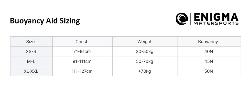 Enigma Watersports Buoyancy Aid size chart