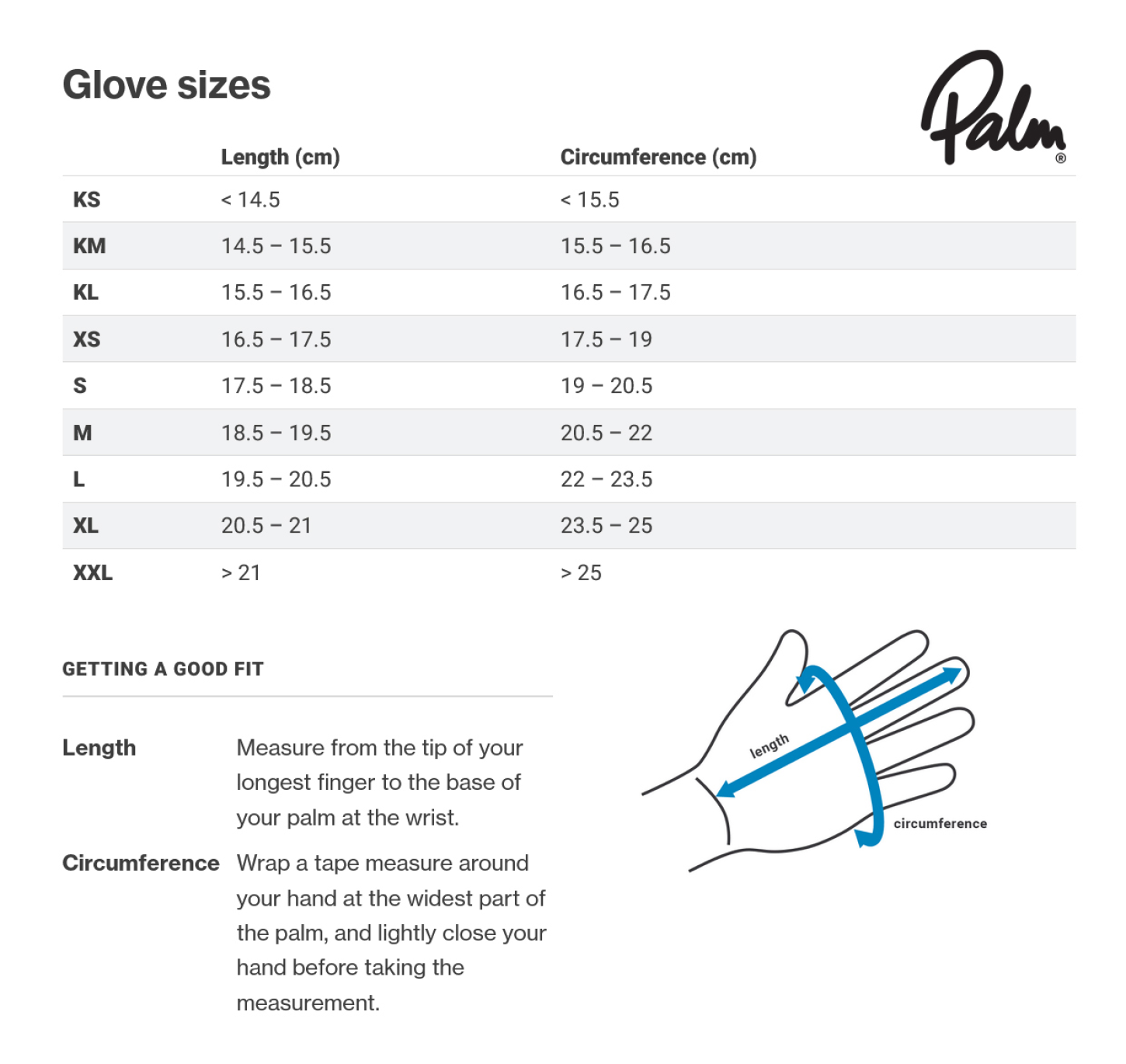 Palm Gloves - Size Chart