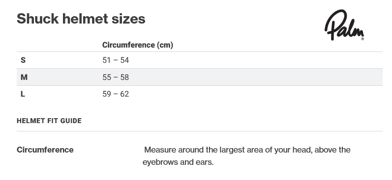 Palm Shuck Helmet Sizing Chart