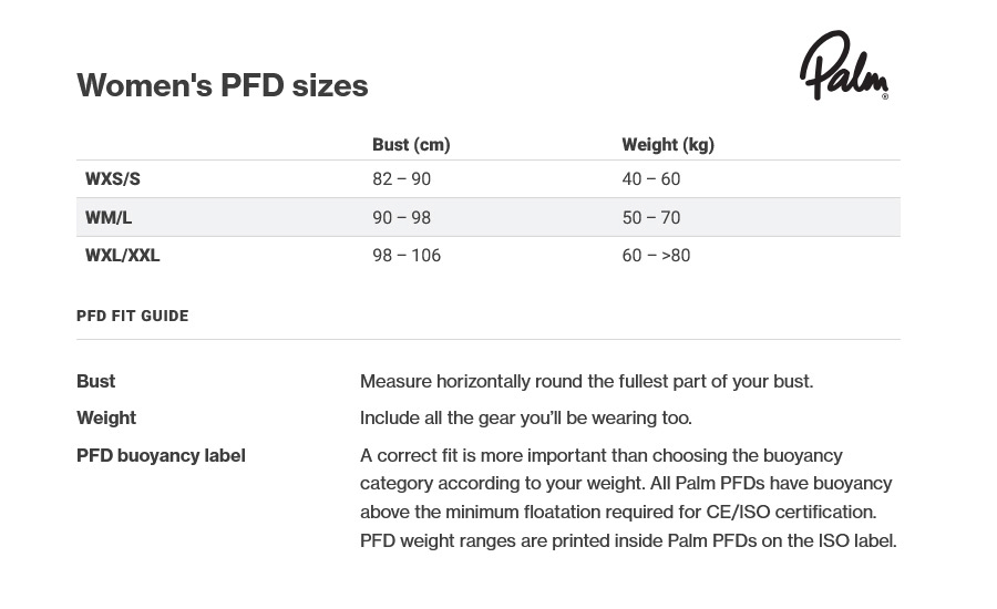 Palm Womens Buoyancy Aid sizing