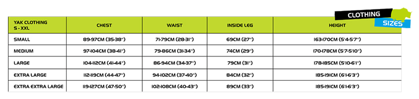 Yak Equipment Clothing Sizing Guide